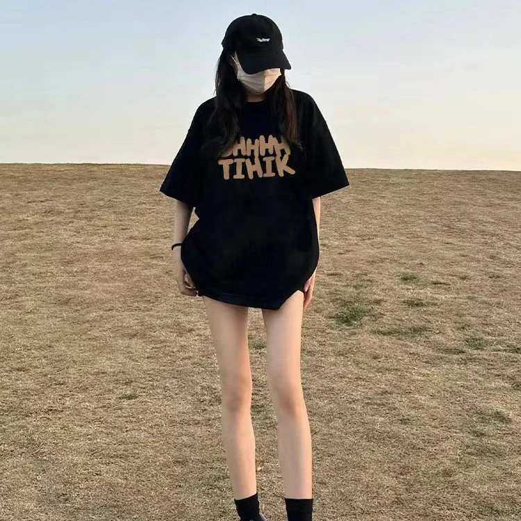 黑色正肩短袖t恤女夏季2026新款韩系设计感宽松纯棉甜辣chic上衣