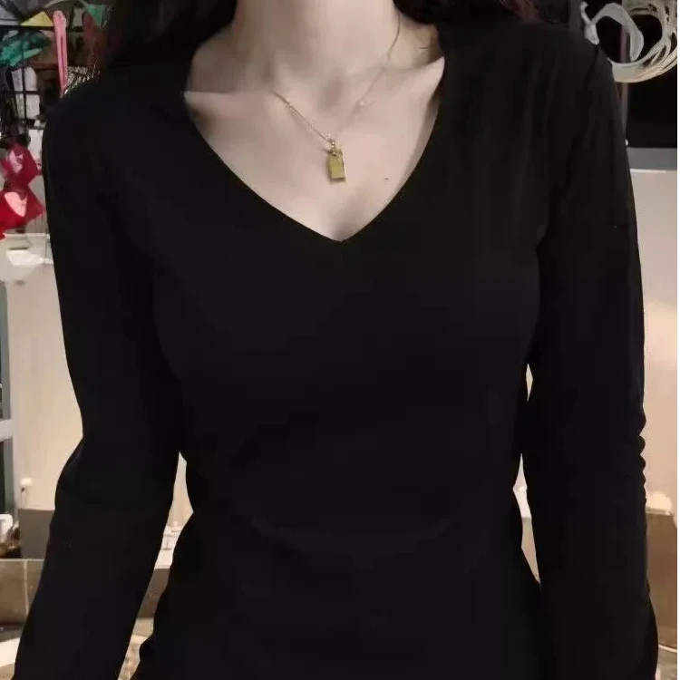 纯欲v领正肩长袖女秋冬内搭纯棉德绒打底衫甜辣妹修身显瘦上衣
