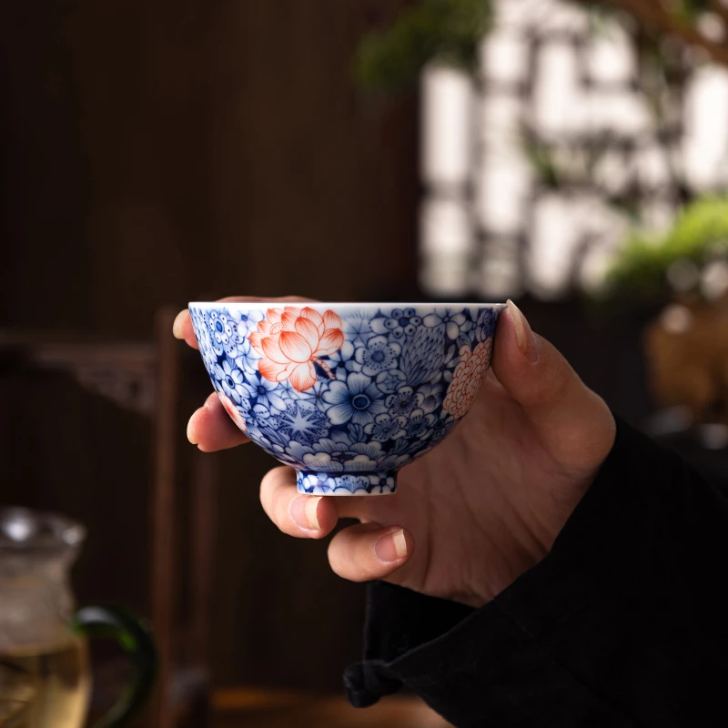 景德镇陶瓷纯手绘茶杯青花釉里红品茗杯万花主人杯单杯功夫茶具