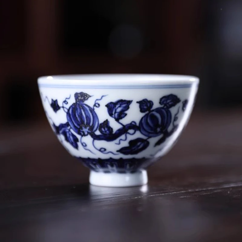 景德镇陶瓷手绘青花主人杯仿明瓜瓞纹鸡心杯品茗杯单杯功夫茶杯