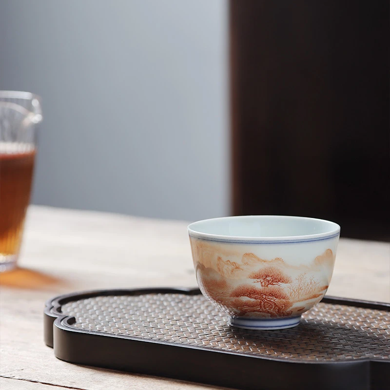 景德镇陶瓷茶杯圆口茶碗家用主人杯手绘品茗杯茶盏矾红彩山水单杯
