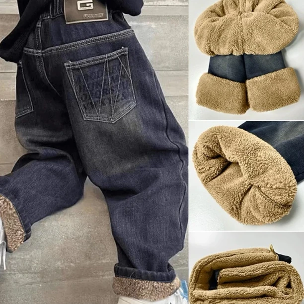 【加厚绒】秋冬季新款儿童女童牛仔裤中大童宽松休闲软牛仔弹力裤