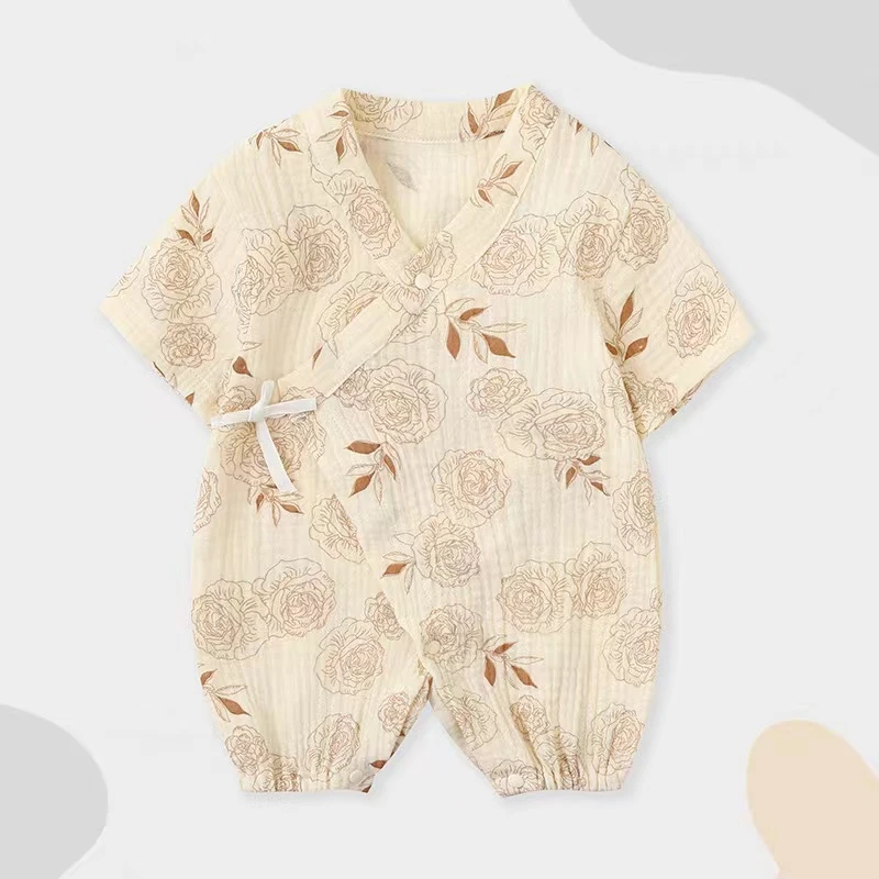 （胖米定制）新生儿纯棉纱布爬服夏款半袖蝴蝶衣连体衣