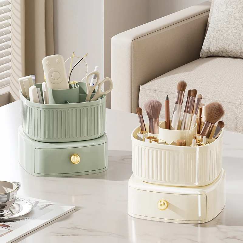 家用桌面轻奢风化妆刷收纳桶360度塑料多功能化妆品收纳盒大容量