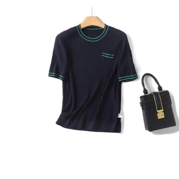 【清仓福利】夏季2025年撞色麻花短袖针织衫圆领T恤女轻薄百搭休闲