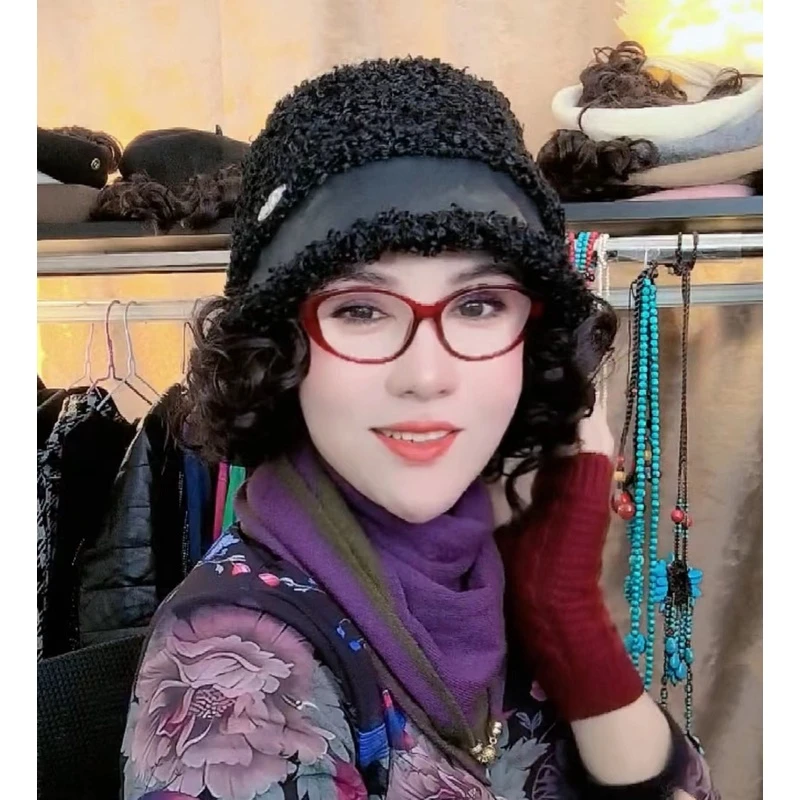 假发一体羔毛盆帽女显脸小渔夫帽夹棉保暖短假发秋冬新款网红爆款