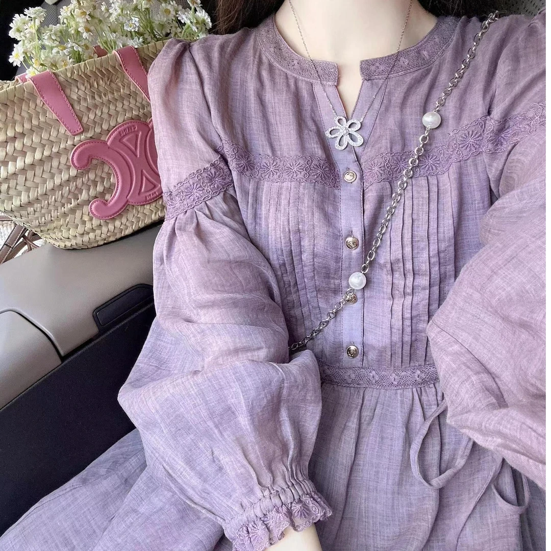 早春2025洋气时尚气质超好看欧若风漂亮独特紫色长袖连衣裙子衣服