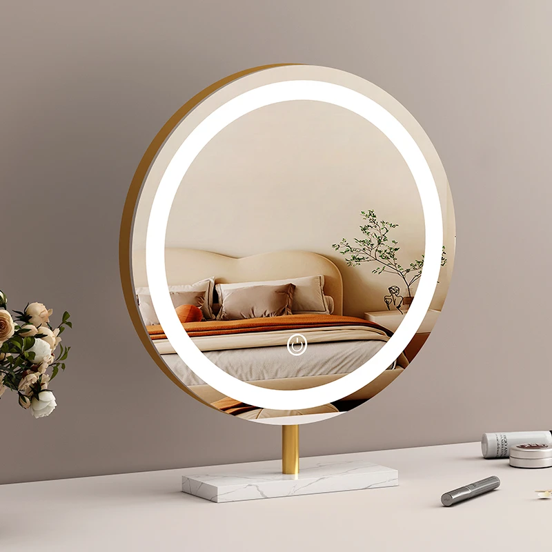 台式桌面led灯梳妆镜网红轻奢补光化妆镜金属现代简约梳妆台镜子