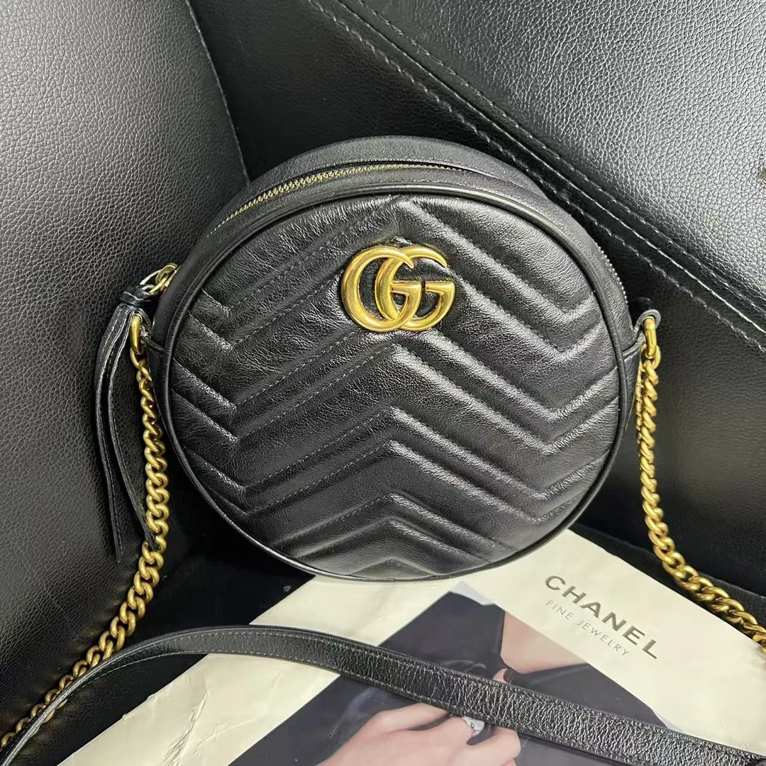 95新 GUCCI/古驰 捐金沉珠/黑色圆饼包