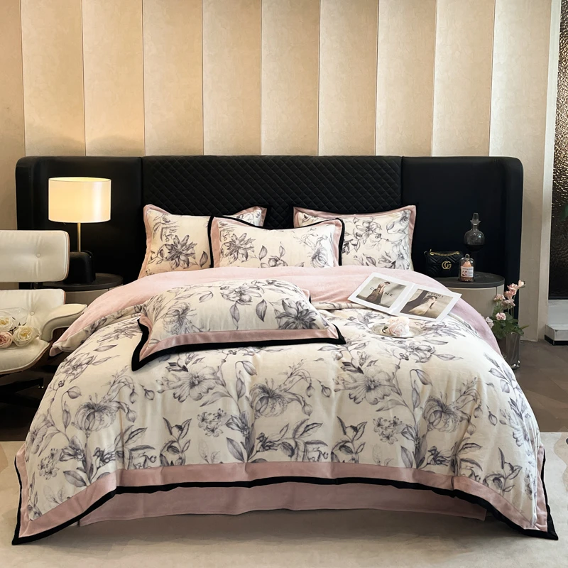 法式轻奢加厚牛奶绒四件套刺保暖抗静电双面绒加绒被套床单冬季