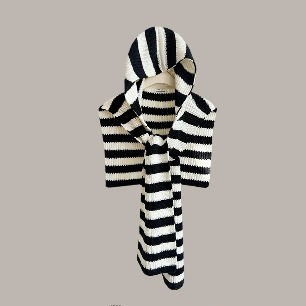 Run青青 设计感条纹针织连帽披肩女秋冬新款保暖围巾