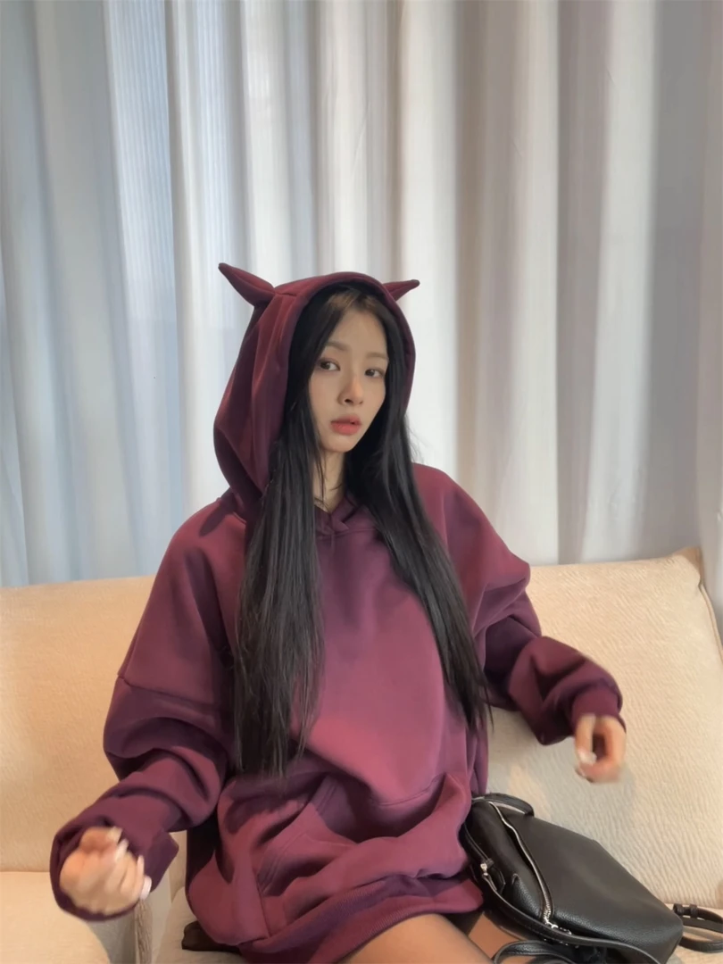 Run青青 2024新款小恶魔冬季加厚上衣宽松复合加绒紫色连帽卫衣