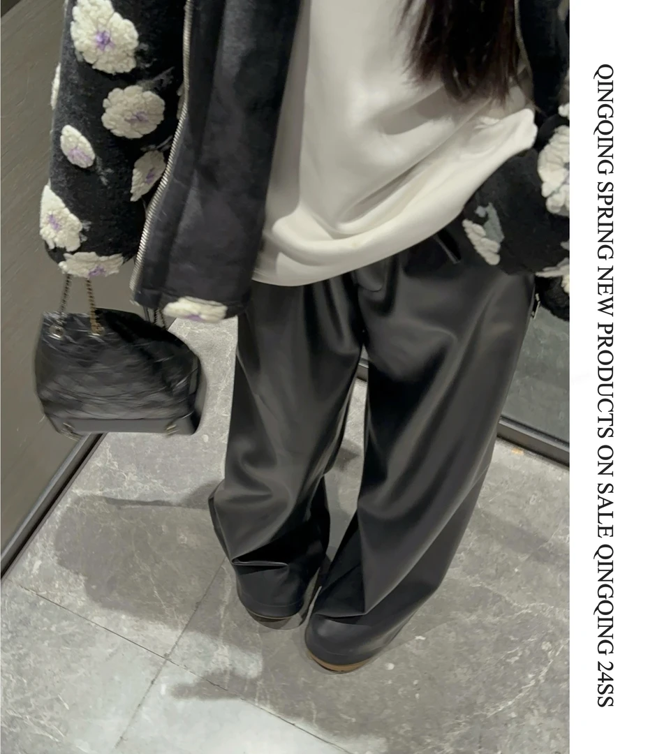 Run青青 （现货）加绒皮裤女秋冬宽松立裁垂感皮质阔腿长裤