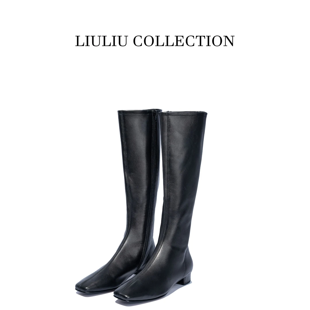 极简风真皮方头气质瘦瘦靴拉链直筒长靴女  （跟高3公分）