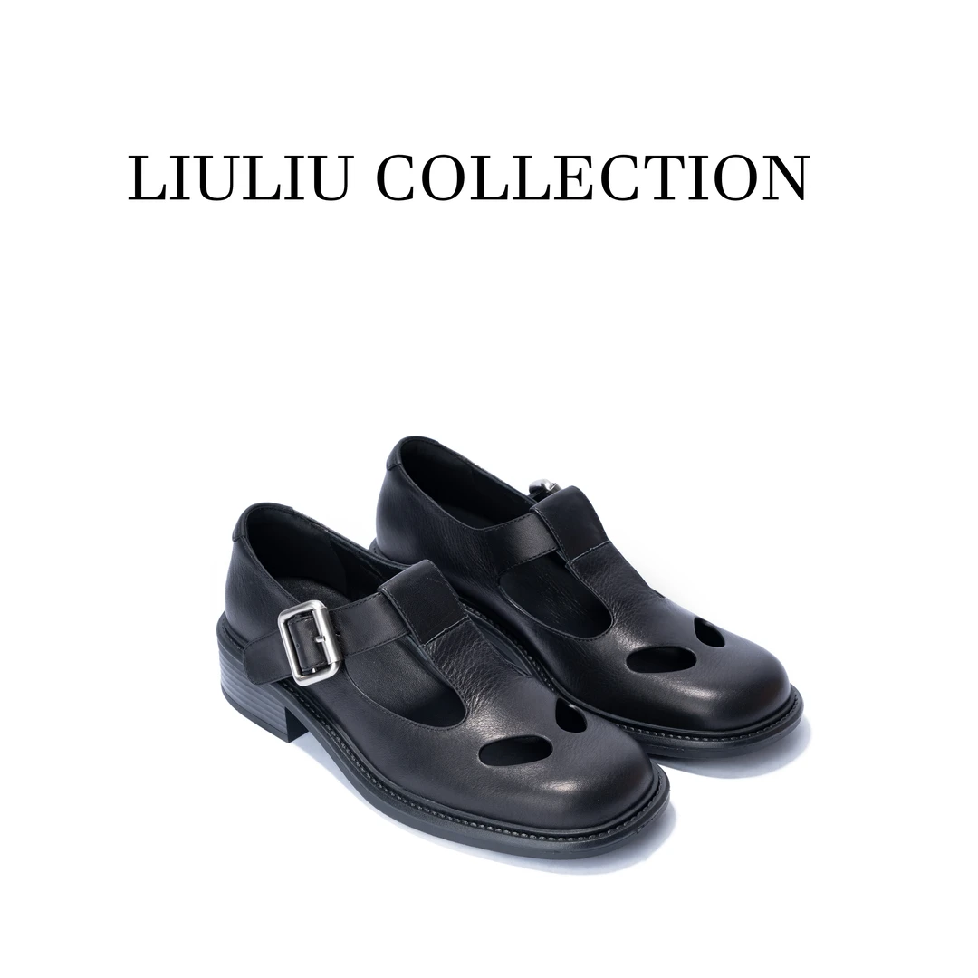 复古粗跟学院风厚底玛丽珍鞋镂空T字带熊猫鞋  跟高3.5公分U02