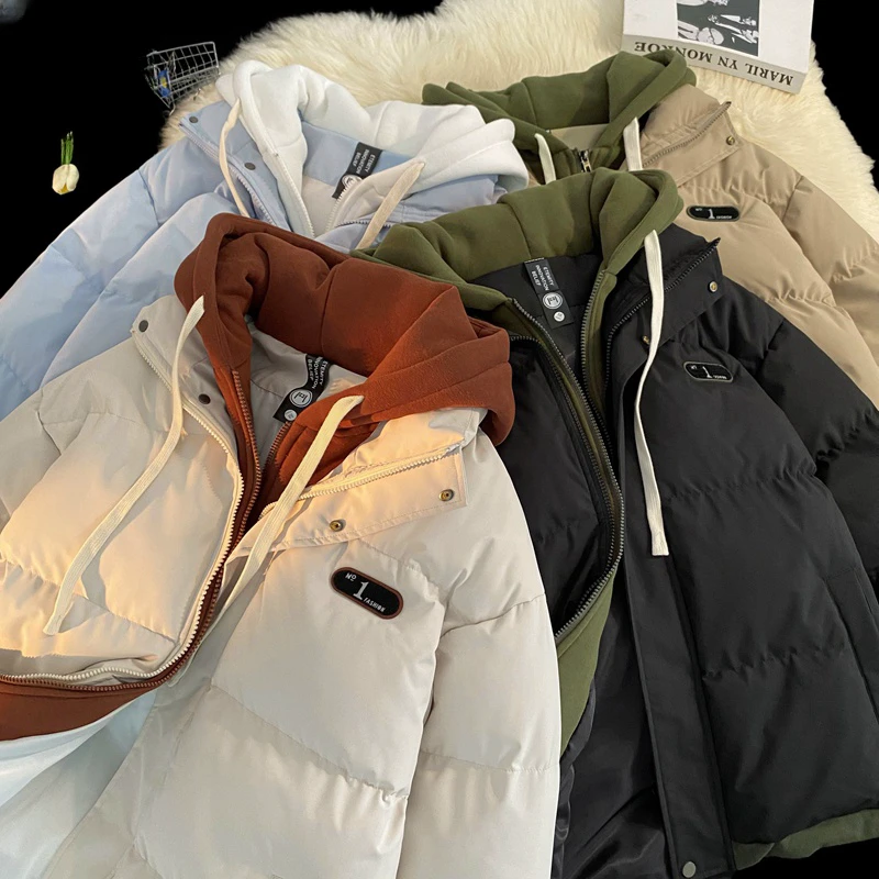 【降温必备】秋冬季新款假两件连帽情侣款休闲加厚棉服外套M