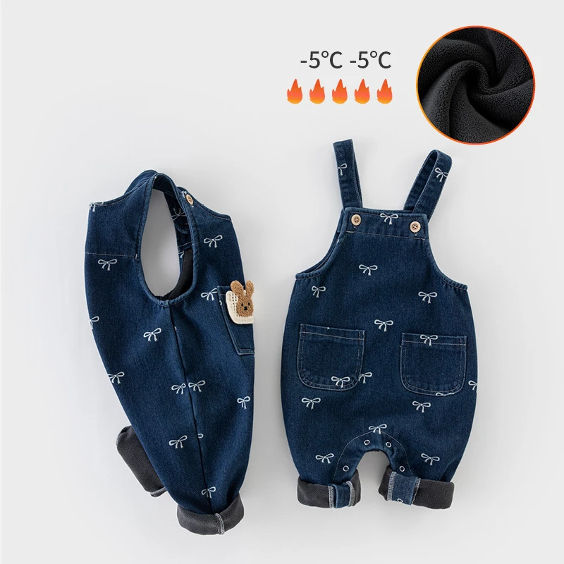 婴儿加绒背带裤1一3岁男宝宝裤子加厚女小童冬装儿童牛仔棉裤6274