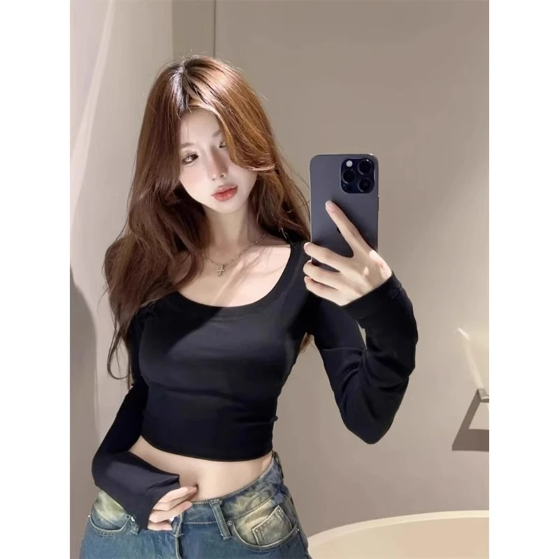 纯欲辣妹黑色u领长袖t恤打底衫女秋季新款修身显瘦短款内搭上衣