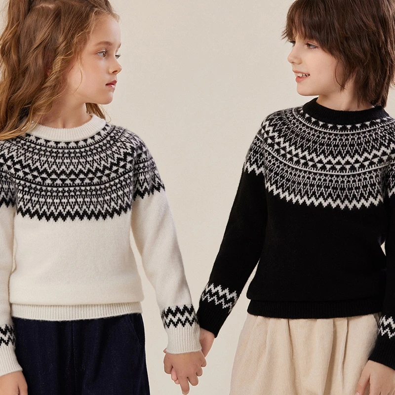 秋冬季亲子儿童加厚羊绒衫洋气复古提花宝宝保暖打底厚毛衣LQ