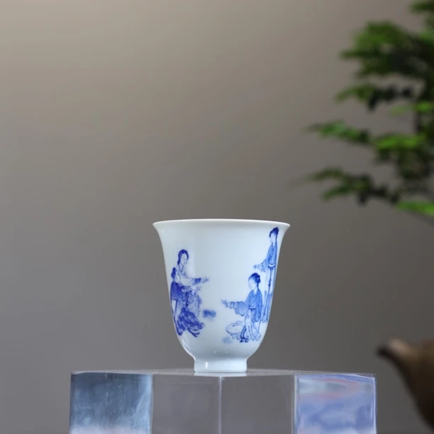 慢生小俊仕女图铃铛杯全手工陶瓷主人杯名窑釉下青