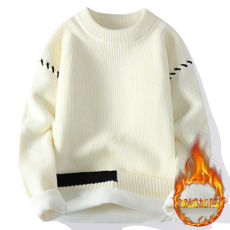 高领冬季秋冬新加绒毛衣男士保暖百搭针织衫宽松学生加厚圆领季
