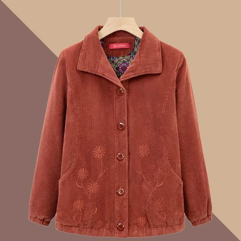 中老年人灯芯绒外套女奶奶春秋短款外套妈妈大码夹克衫上衣服加厚