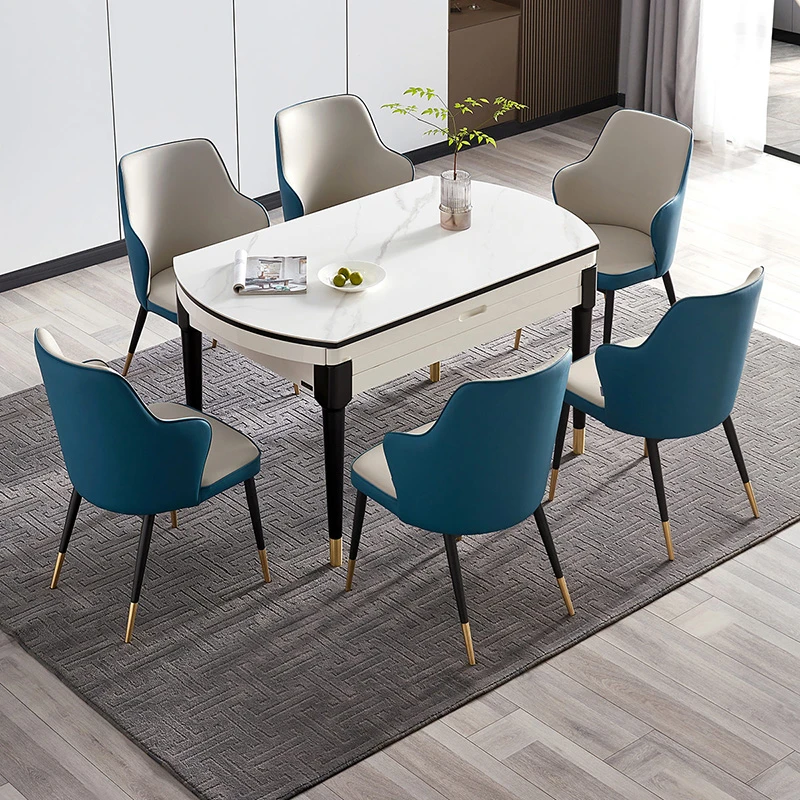 全友家居岩板餐桌椅组合奶油风客厅家用餐桌折叠可伸缩圆桌饭桌