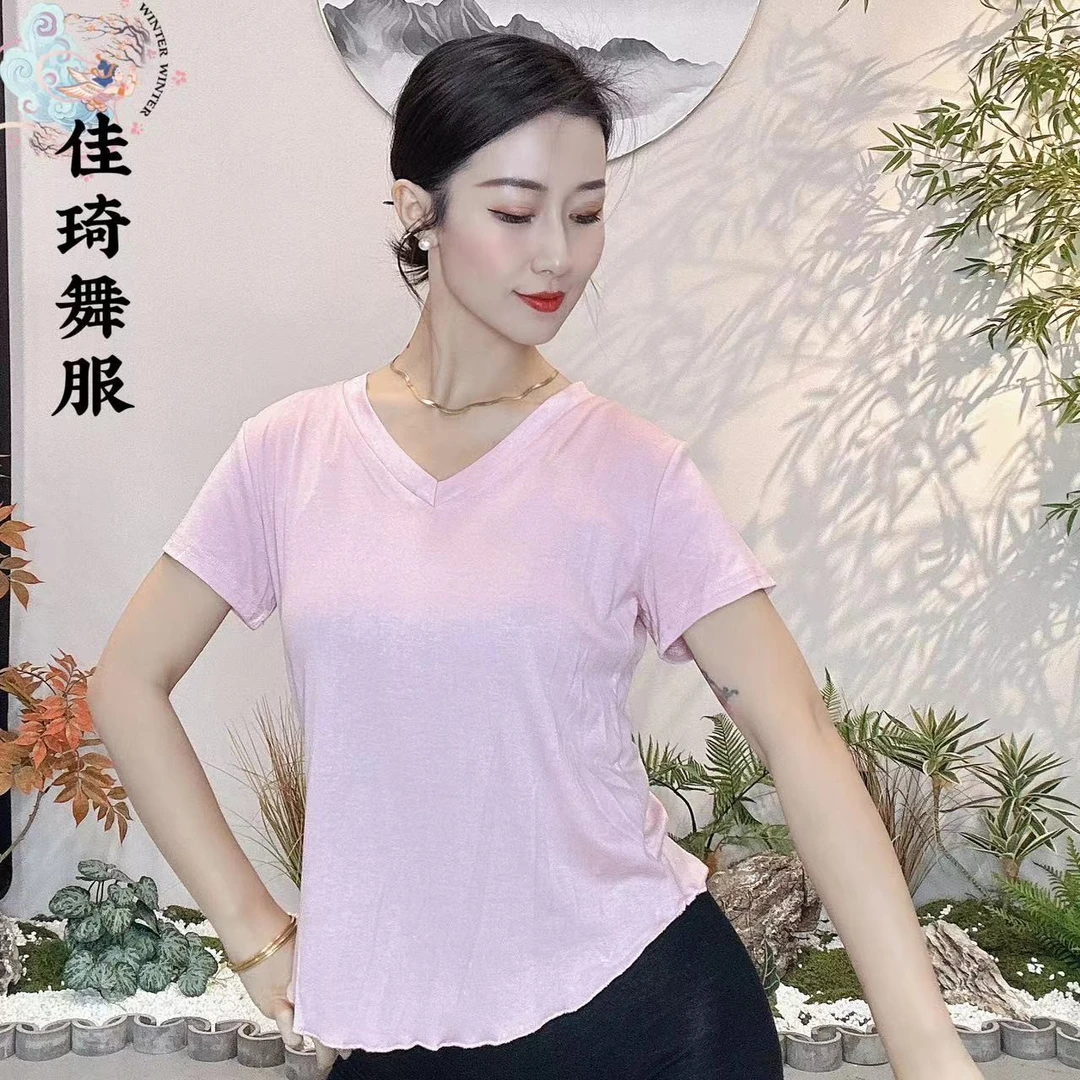 【佳琦舞服】中国现代舞夏季日常百搭显瘦修身高弹V领短袖舞蹈服