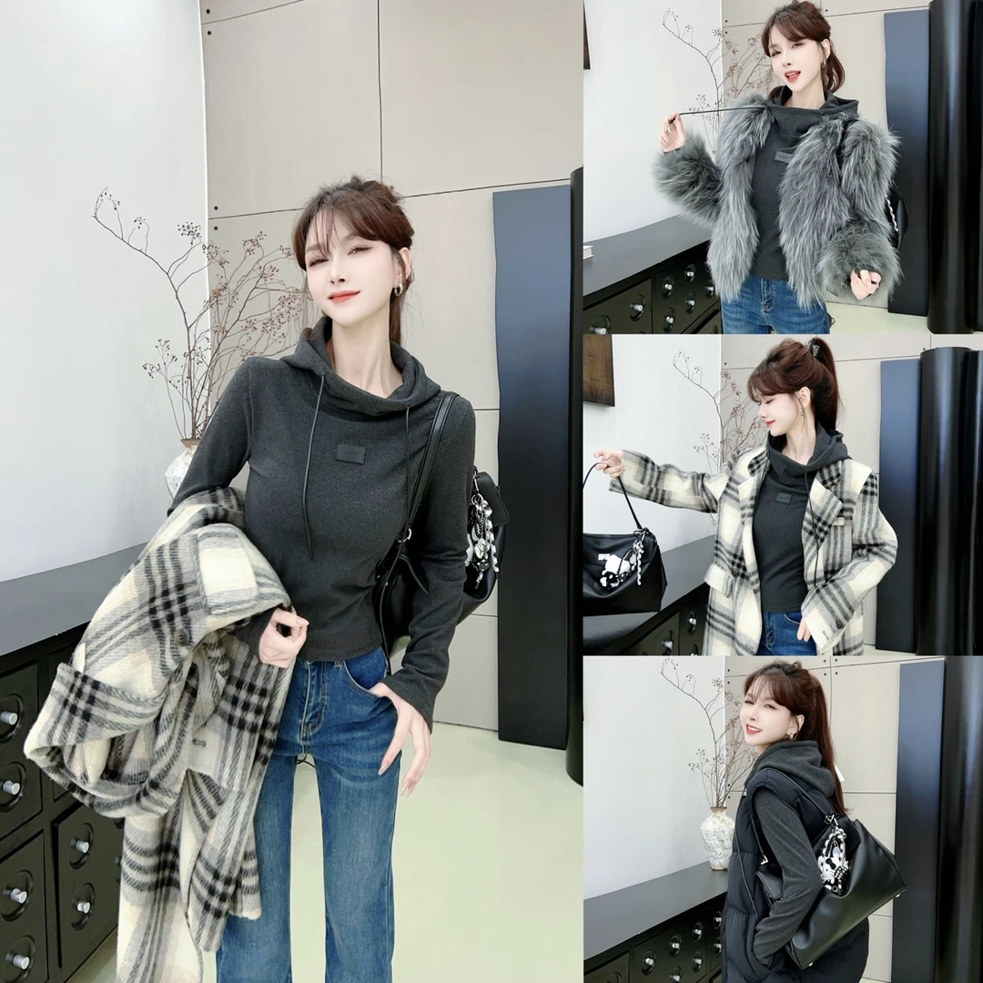 《百搭慵懒风》休闲随性加厚双面磨毛立领连帽卫衣衣长52#8388