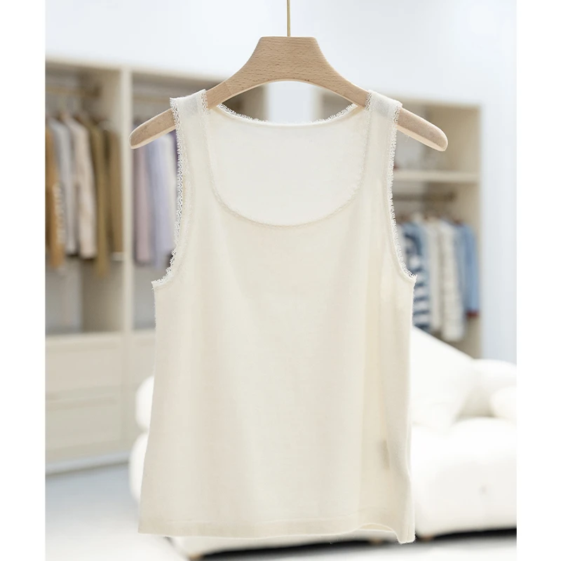 JOYK纯山羊绒蕾丝U领背心 100%山羊绒针织无袖吊带 24019