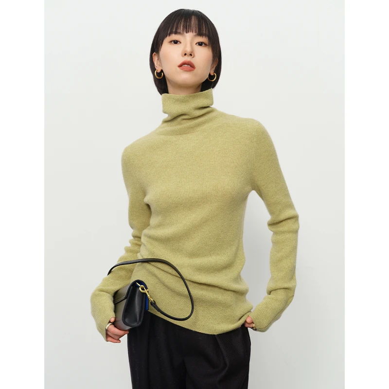 JOYK羊绒衫女100%山羊绒针织打底女纯色堆堆领衫高领翻领修身毛衣