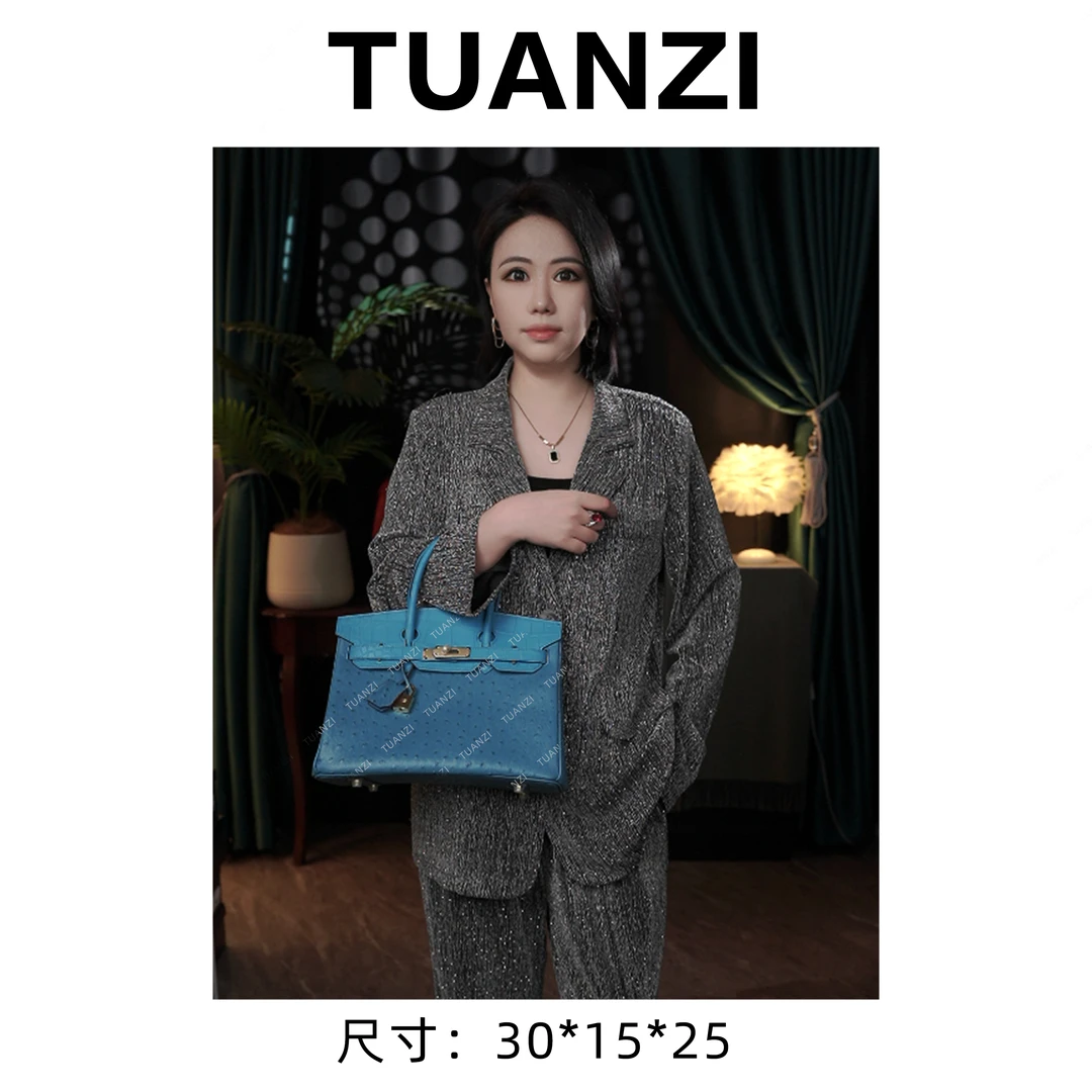 『限·定』大马铂30touch金扣头层牛皮鸵鸟纹女包 XKY-10057-松石蓝