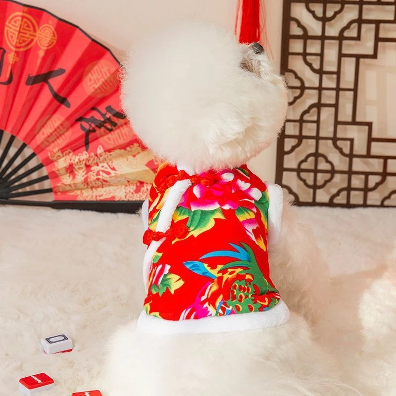 国风东北大花棉袄小狗狗衣服秋冬天加绒保暖两脚泰迪比熊宠物服饰