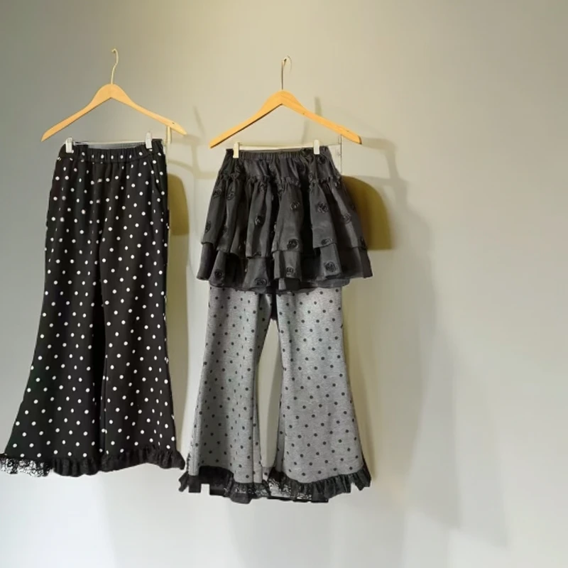 coffee小姐韩系复古拼接蕾丝波点复合绒毛尼裤子时尚休闲百搭微喇