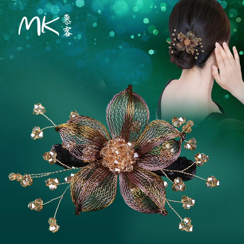 慕客 铜合金发饰 太太弹簧夹宴会轻奢超仙一字夹气质水晶马尾夹