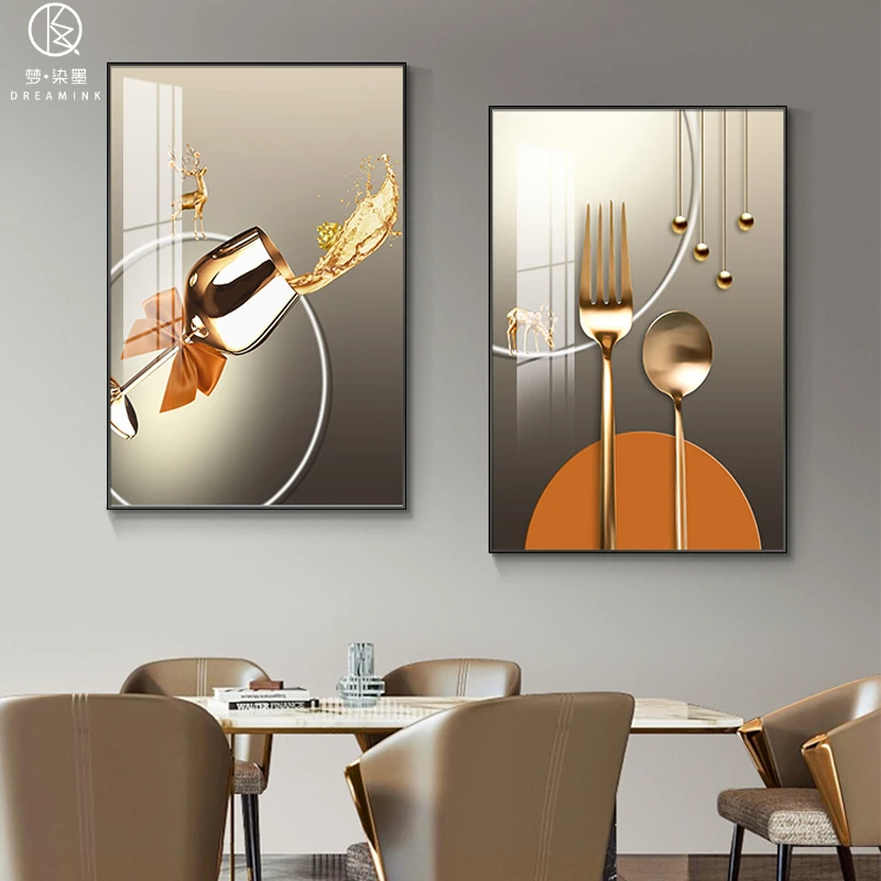 现代轻奢餐厅装饰画酒杯大气饭厅歺厅两联挂画客厅餐桌背景墙壁画