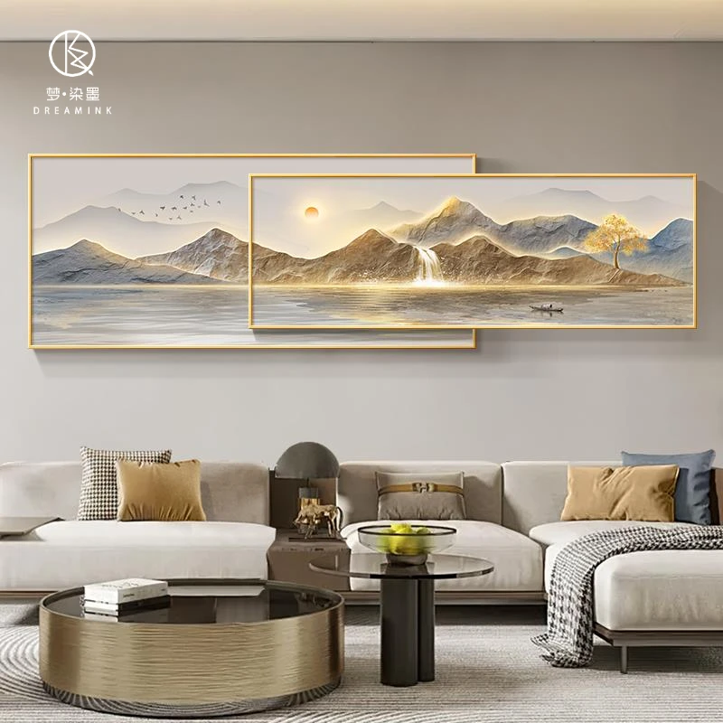 旭日东升现代轻奢客厅装饰画高级感大气简约山水画沙发背景墙挂画
