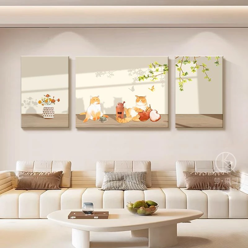 北欧奶油风客厅装饰画高档大气光影挂画清新绿植沙发背景墙三联