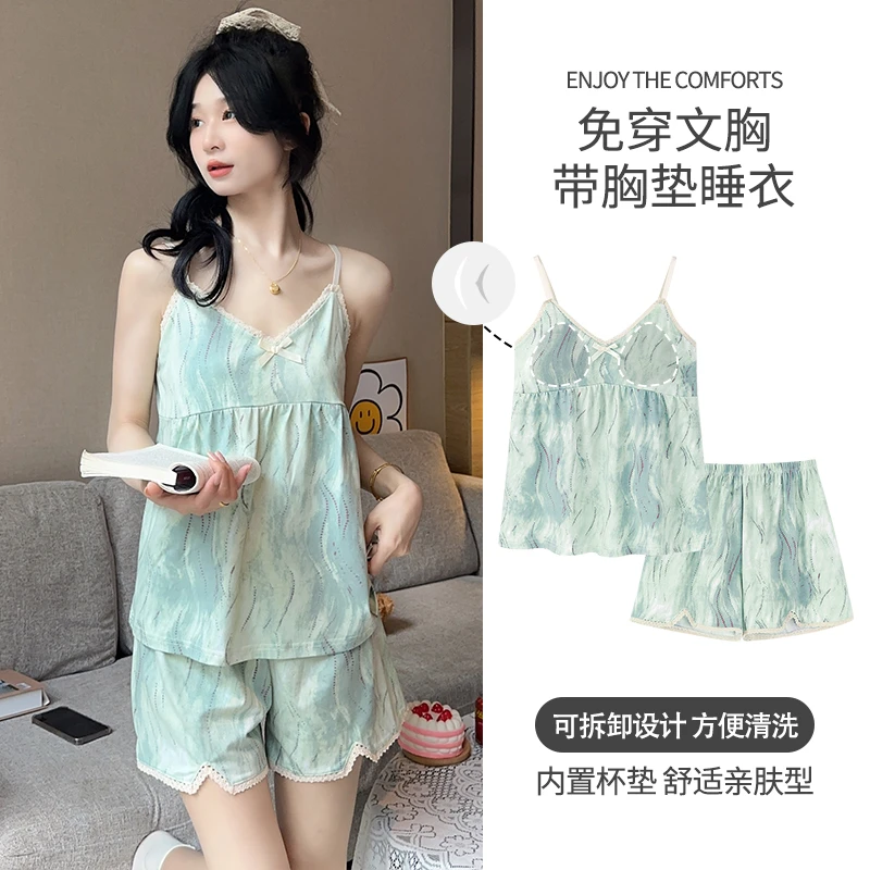 【新品】带胸垫睡衣女夏季薄款甜美扎染油画风吊带短裤套装舒适休闲