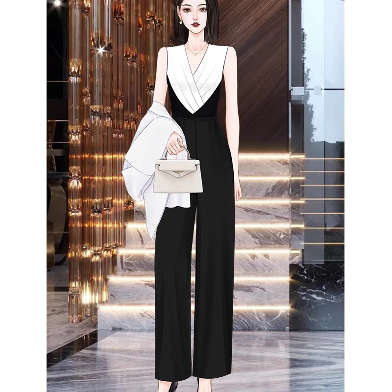 高端设计感黑白撞色连体裤女夏季2025气质时尚正式场合连衣裤套装