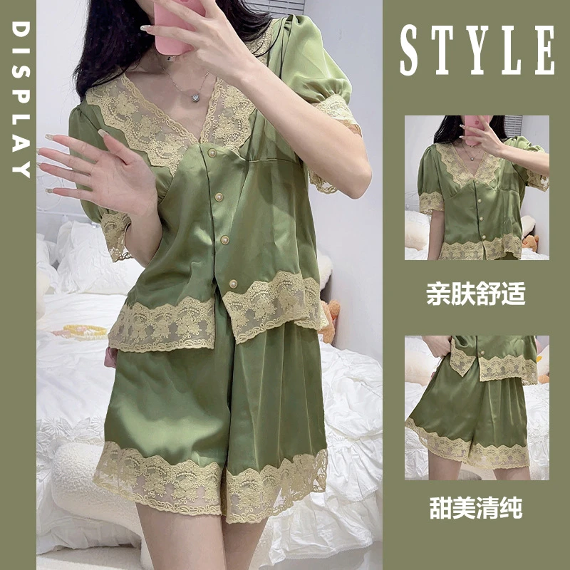 睡衣女2025爆款蕾丝花边套装仿真丝薄款夏季短裤家居服透气不起球