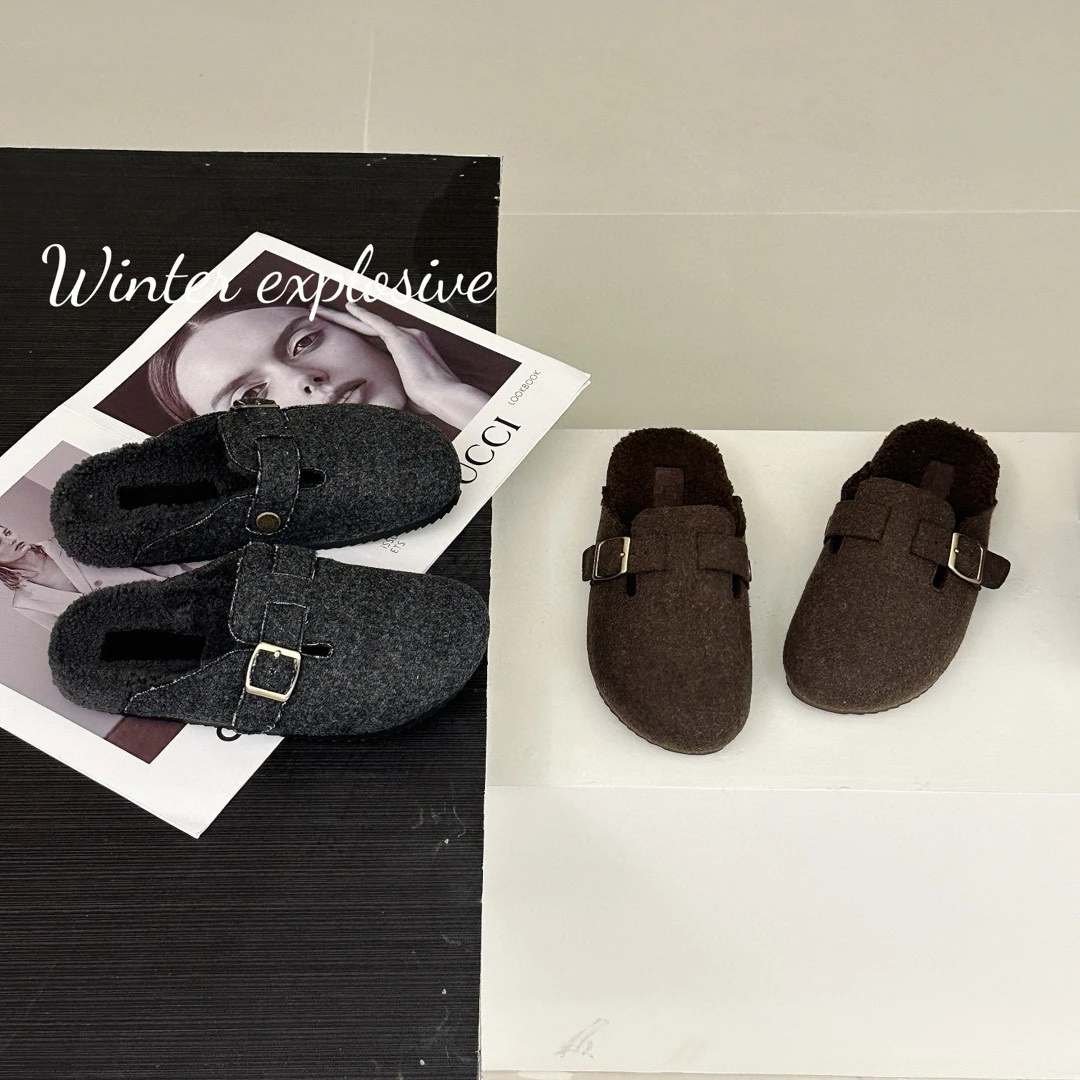 包头复古港风包头拖加绒保暖软底秋冬季防滑毛拖休闲百搭
