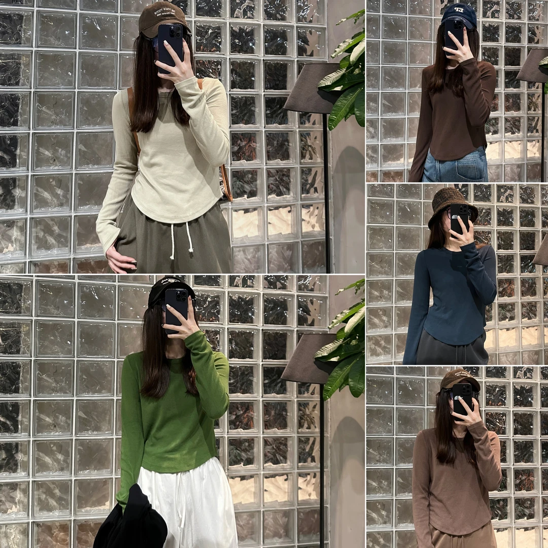 韩系复古色纯色短款圆弧边叠穿圆领长袖打底T恤-M23305332