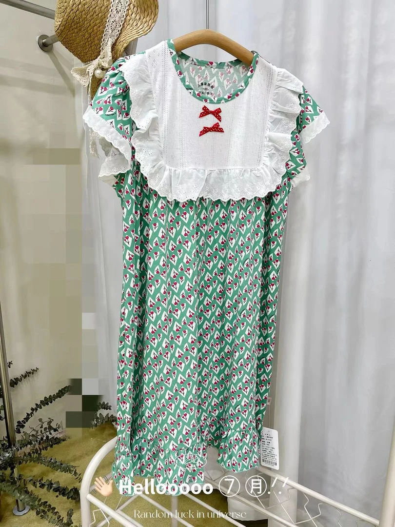 韩版艾绿小碎花纯棉睡裙蕾丝女童短袖时尚国风甜美小清新夏季睡衣