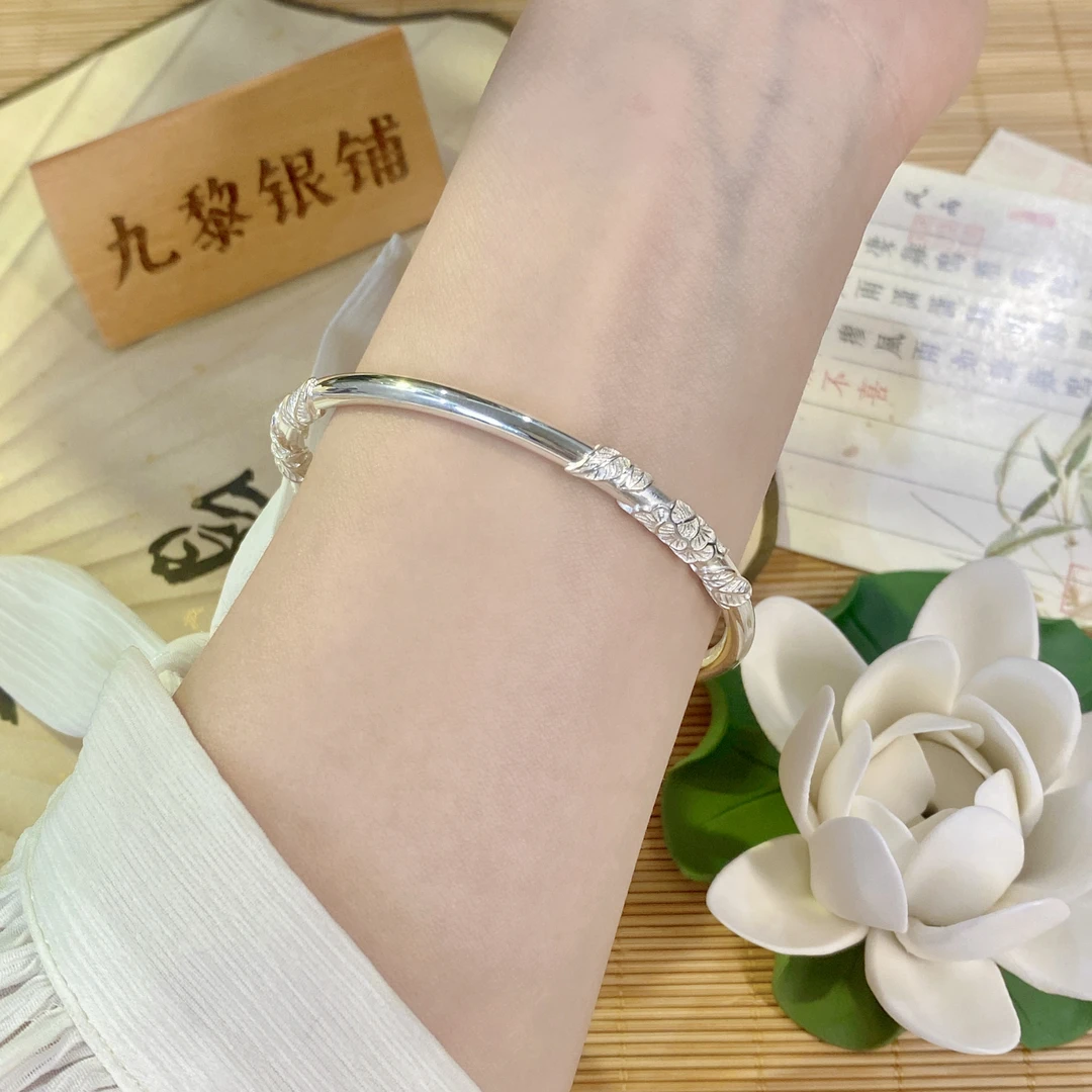 足银手镯 繁花似锦镯七夕礼物送女生 足银999.9闭口女士款手镯