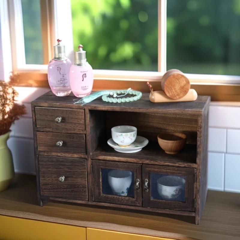 实木三抽多格收纳盒复古防尘客厅抽屉式木质1117