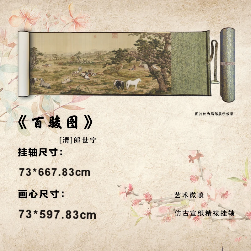 清《百马图》艺术微喷宣纸复刻锦绫装裱客厅玄关装饰画