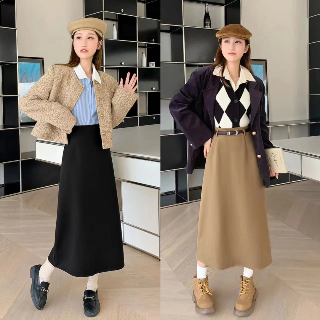 秋冬高腰显瘦毛呢半身裙女中长款遮胯显瘦休闲开叉A字半身裙7506#