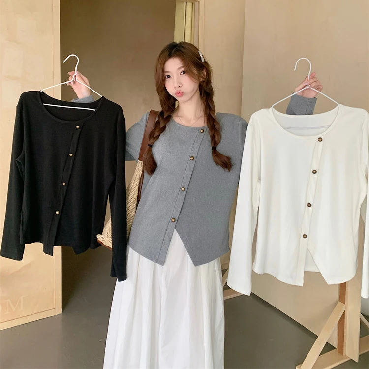 早秋新款圆领长袖显瘦内搭T恤打底衫女不规则小众韩版上衣66268#