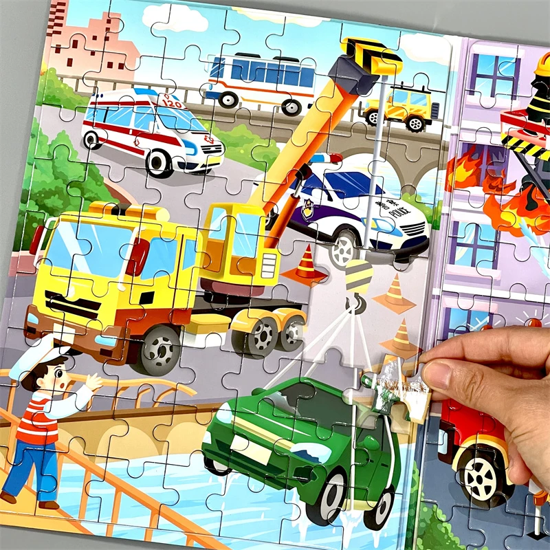 工程车拼图3一6岁儿童交通工具汽车磁力平图幼儿园男孩益智玩具